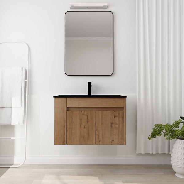 English Elm 30 Inch Bathroom Vanity - Modern Black Ceramic Basin With Adjustable Open Shelf For Small Spaces W999S00004