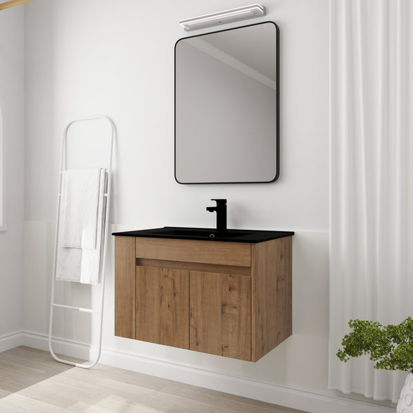 English Elm 30 Inch Bathroom Vanity - Modern Black Ceramic Basin With Adjustable Open Shelf For Small Spaces W999S00004