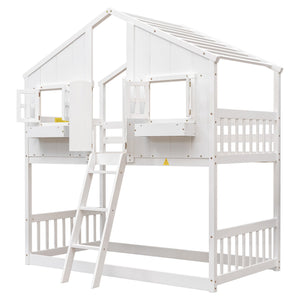 English Elm Twin House Bunk Bed with Roof, Window Box, Door and Full Guardrails for Safe Playful Sleep (Twin) White W504S00069