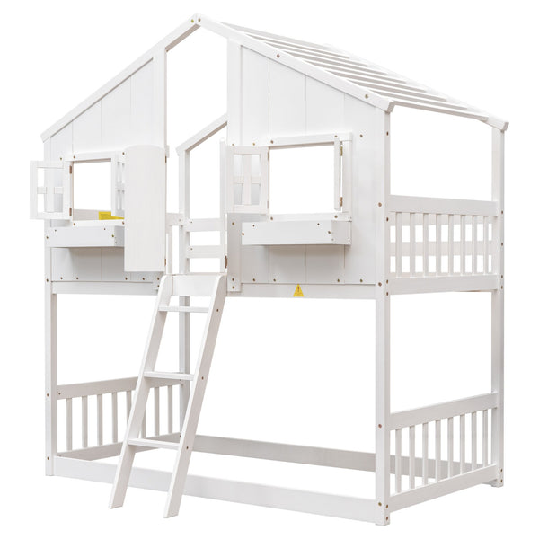 English Elm Twin House Bunk Bed with Roof, Window Box, Door and Full Guardrails for Safe Playful Sleep (Twin) White W504S00069