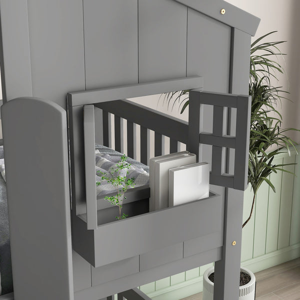 English Elm Twin House Bunk Bed with Roof, Window Box, Door and Full Guardrails for Safe Playful Sleep (Twin) Grey W504S00068