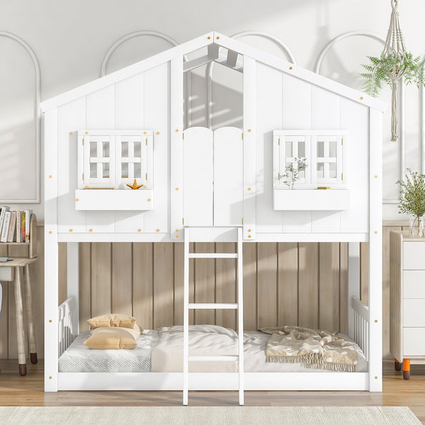 English Elm Twin House Bunk Bed with Roof, Window Box, Door and Full Guardrails for Safe Playful Sleep (Twin) White W504S00069