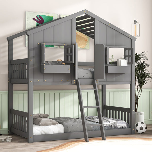 English Elm Twin House Bunk Bed with Roof, Window Box, Door and Full Guardrails for Safe Playful Sleep (Twin) Grey W504S00068