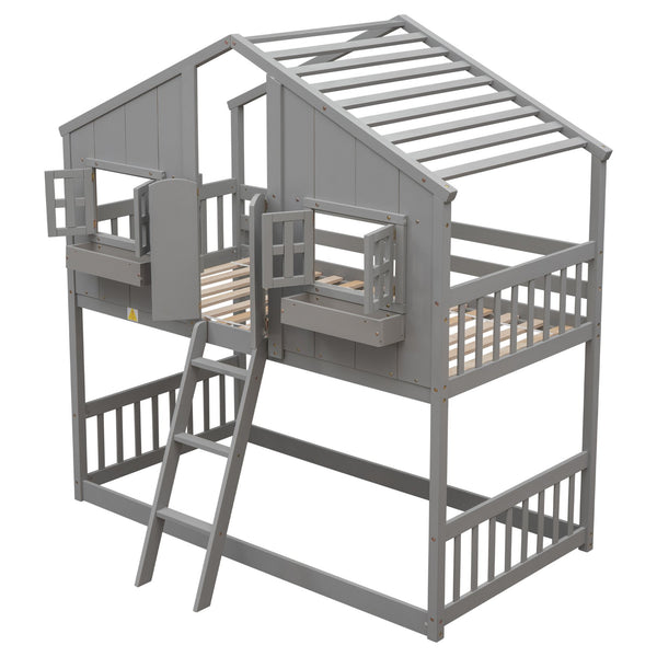 English Elm Twin House Bunk Bed with Roof, Window Box, Door and Full Guardrails for Safe Playful Sleep (Twin) Grey W504S00068