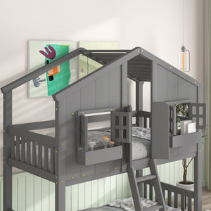 English Elm Twin House Bunk Bed with Roof, Window Box, Door and Full Guardrails for Safe Playful Sleep (Twin) Grey W504S00068