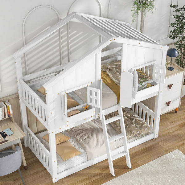 English Elm Twin House Bunk Bed with Roof, Window Box, Door and Full Guardrails for Safe Playful Sleep (Twin) White W504S00069