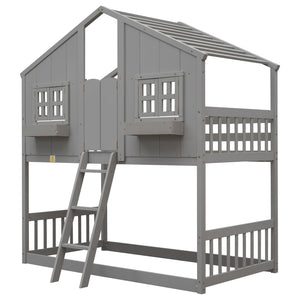 English Elm Twin House Bunk Bed with Roof, Window Box, Door and Full Guardrails for Safe Playful Sleep (Twin) Grey W504S00068