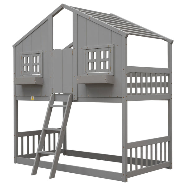 English Elm Twin House Bunk Bed with Roof, Window Box, Door and Full Guardrails for Safe Playful Sleep (Twin) Grey W504S00068