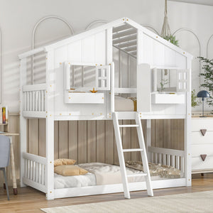 English Elm Twin House Bunk Bed with Roof, Window Box, Door and Full Guardrails for Safe Playful Sleep (Twin) White W504S00069