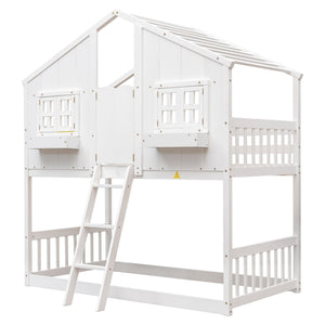 English Elm Twin House Bunk Bed with Roof, Window Box, Door and Full Guardrails for Safe Playful Sleep (Twin) White W504S00069