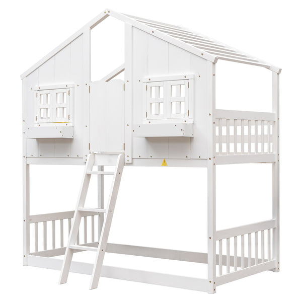 English Elm Twin House Bunk Bed with Roof, Window Box, Door and Full Guardrails for Safe Playful Sleep (Twin) White W504S00069