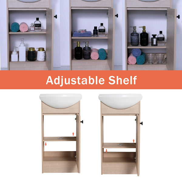 English Elm Freestanding 18 Inch Bathroom Vanity with Oval Ceramic Sink, Light Oak Plywood, Adjustable Shelf, Black Knobs (KD-PACKING) W999S00002