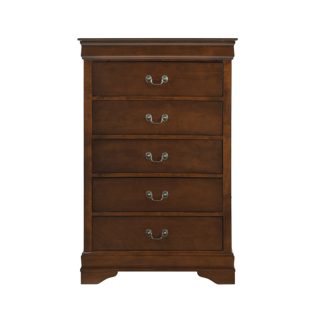 English Elm Traditional Mayville 5-Drawer Chest in Brown Cherry Finish with Okume Veneer & Antique Brass Handles B01165028