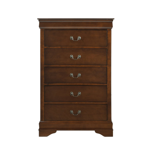 English Elm Traditional Mayville 5-Drawer Chest in Brown Cherry Finish with Okume Veneer & Antique Brass Handles B01165028