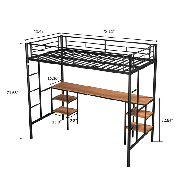 English Elm Twin-size Loft Bed with Built-In Table & Shelves, Heavy-Duty Metal, Noise-Reducing EVA, Safe Guardrail W42752472