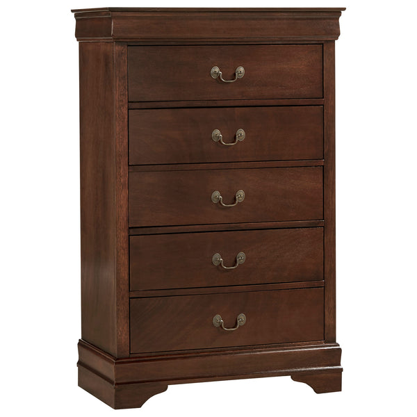 English Elm Traditional Mayville 5-Drawer Chest in Brown Cherry Finish with Okume Veneer & Antique Brass Handles B01165028