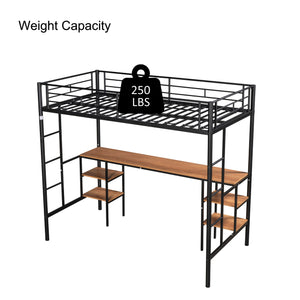 English Elm Twin-size Loft Bed with Built-In Table & Shelves, Heavy-Duty Metal, Noise-Reducing EVA, Safe Guardrail W42752472