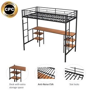 English Elm Twin-size Loft Bed with Built-In Table & Shelves, Heavy-Duty Metal, Noise-Reducing EVA, Safe Guardrail W42752472