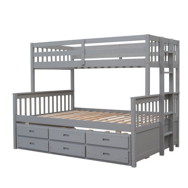 English Elm Twin-over-full Bunk Bed Separable Pine Frame with Trundle and Storage Drawers Gray LT000501AAE