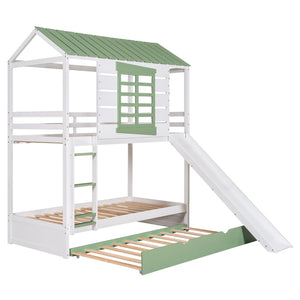 English Elm Twin House Bunk Bed With Convertible Slide & Trundle - White & Green, Perfect For Kids’ Rooms! GX000538AAK-GIGA