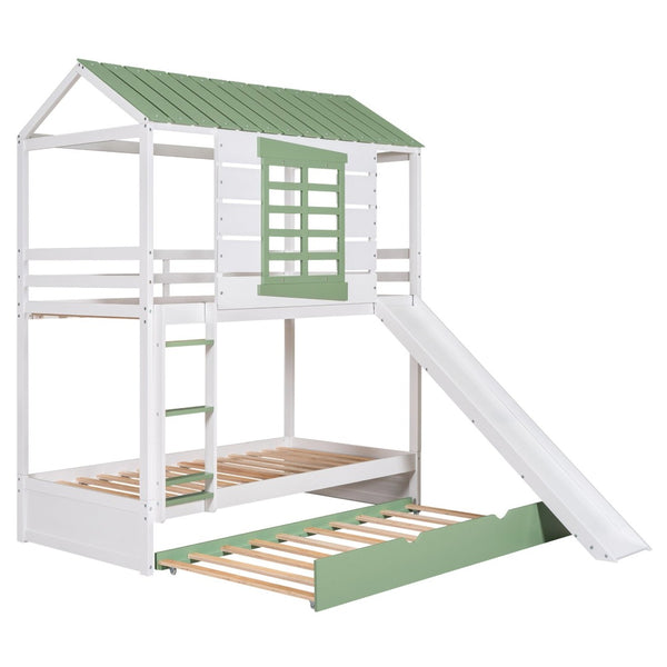 English Elm Twin House Bunk Bed With Convertible Slide & Trundle - White & Green, Perfect For Kids’ Rooms! GX000538AAK-GIGA