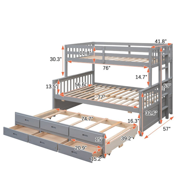 English Elm Twin-over-full Bunk Bed Separable Pine Frame with Trundle and Storage Drawers Gray LT000501AAE