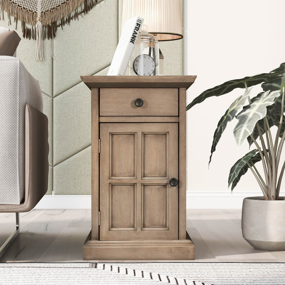 English Elm U-can Antique Brown Wood End Table with Usb Charging Drawer and Built-in Cup Holders N724P185778D