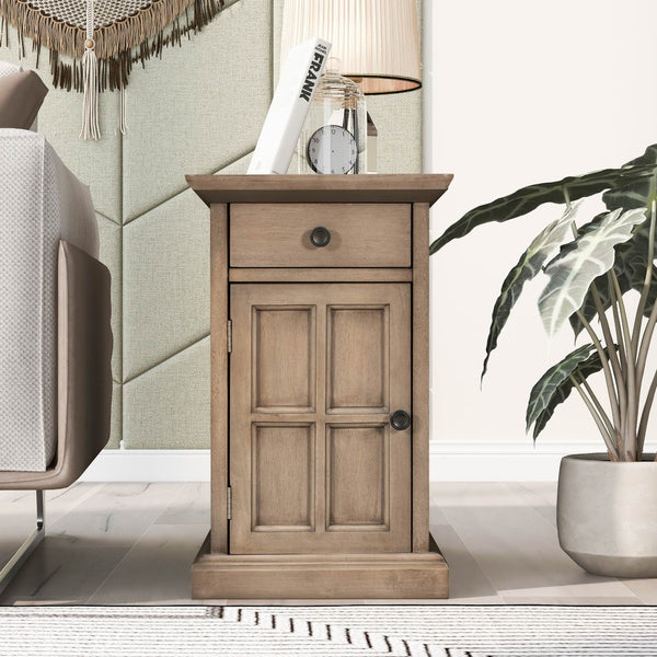 English Elm U-can Antique Brown Wood End Table with Usb Charging Drawer and Built-in Cup Holders N724P185778D