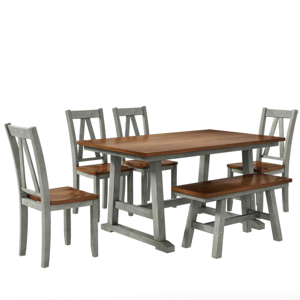 English Elm TOPMAX 6-Piece Wood Dining Set with Bench and 4 Chairs, Solid Rubberwood Frame, Farmhouse Walnut Gray Finish SP000256AAE