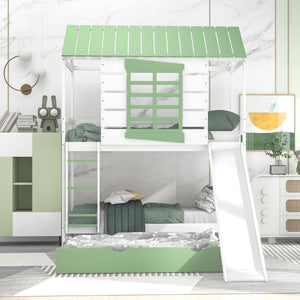 English Elm Twin House Bunk Bed With Convertible Slide & Trundle - White & Green, Perfect For Kids’ Rooms! GX000538AAK-GIGA