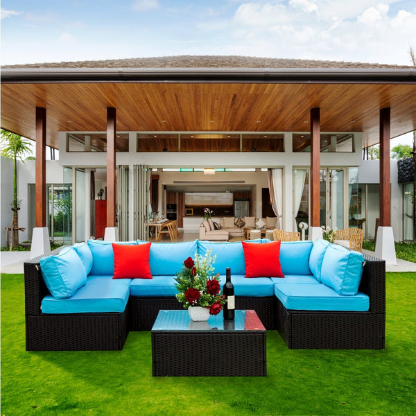 English Elm 5 PE Rattan Sectional Outdoor Sofa Set with 2 Loveseats 2 Armless Seats Table Cushions Pillows Black+Blue W329S00014