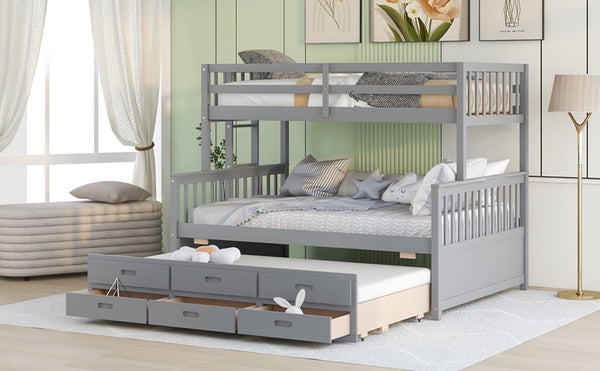 English Elm Twin-over-full Bunk Bed Separable Pine Frame with Trundle and Storage Drawers Gray LT000501AAE