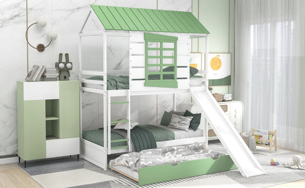 English Elm Twin House Bunk Bed With Convertible Slide & Trundle - White & Green, Perfect For Kids’ Rooms! GX000538AAK-GIGA