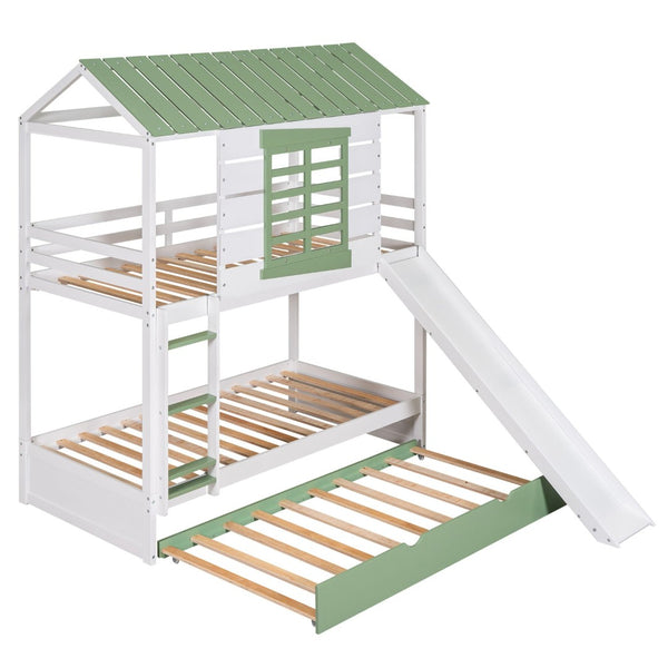English Elm Twin House Bunk Bed With Convertible Slide & Trundle - White & Green, Perfect For Kids’ Rooms! GX000538AAK-GIGA