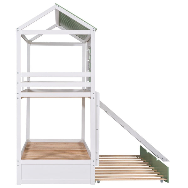 English Elm Twin House Bunk Bed With Convertible Slide & Trundle - White & Green, Perfect For Kids’ Rooms! GX000538AAK-GIGA