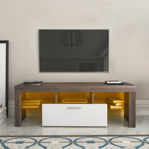 English Elm 20 Modern Brown TV Stand with Toughened Glass Shelf, LED Color Lights, Brand Hardware, Adjustable Feet W67943610