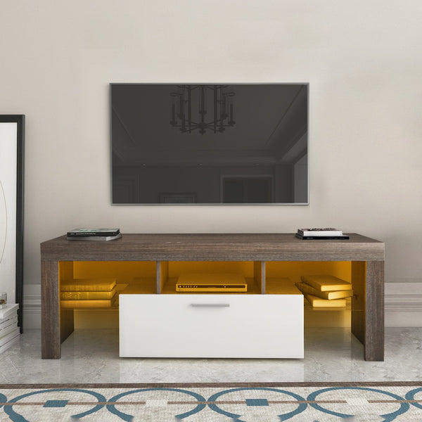English Elm 20 Modern Brown TV Stand with Toughened Glass Shelf, LED Color Lights, Brand Hardware, Adjustable Feet W67943610