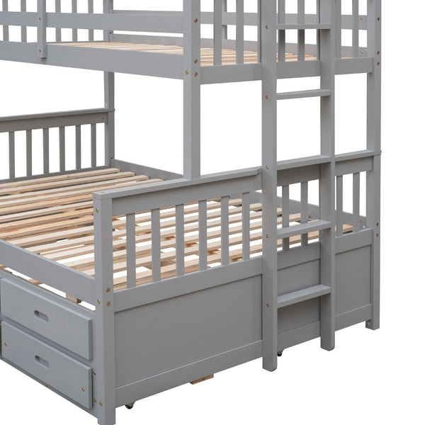 English Elm Twin-over-full Bunk Bed Separable Pine Frame with Trundle and Storage Drawers Gray LT000501AAE
