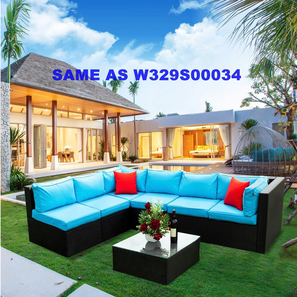 English Elm 5 PE Rattan Sectional Outdoor Sofa Set with 2 Loveseats 2 Armless Seats Table Cushions Pillows Black+Blue W329S00014