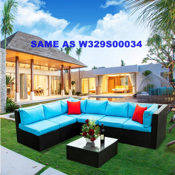 English Elm 5 PE Rattan Sectional Outdoor Sofa Set with 2 Loveseats 2 Armless Seats Table Cushions Pillows Black+Blue W329S00014