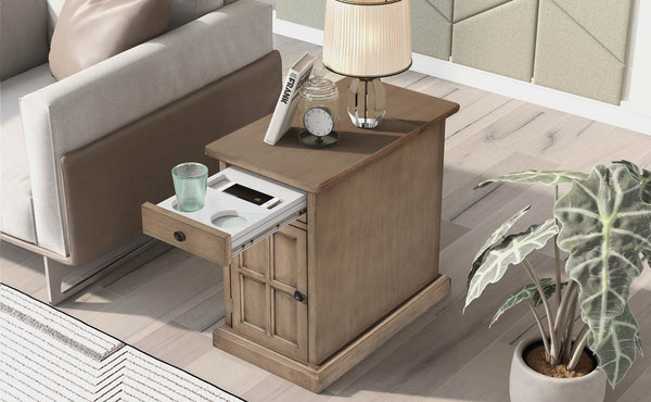 English Elm U-can Antique Brown Wood End Table with Usb Charging Drawer and Built-in Cup Holders N724P185778D
