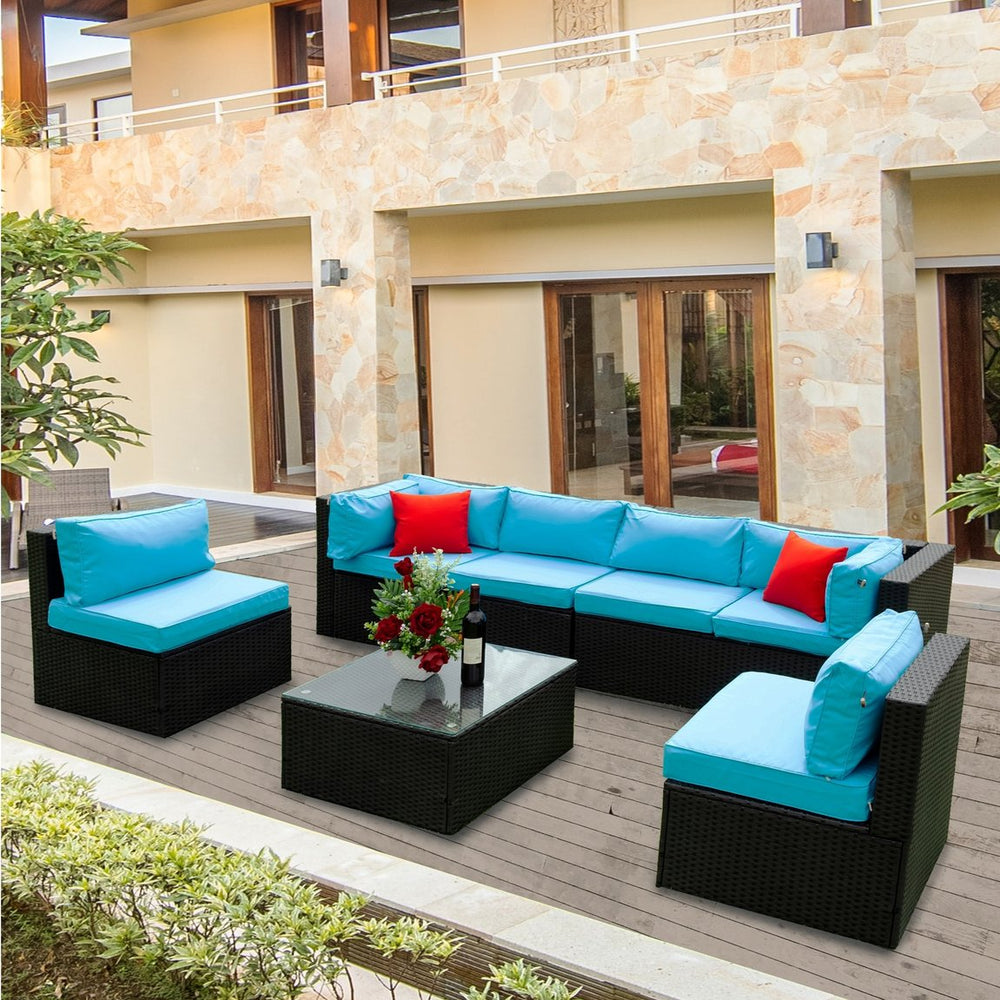 English Elm 5 PE Rattan Sectional Outdoor Sofa Set with 2 Loveseats 2 Armless Seats Table Cushions Pillows Black+Blue W329S00014