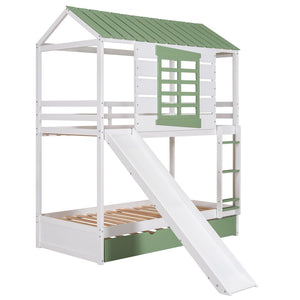 English Elm Twin House Bunk Bed With Convertible Slide & Trundle - White & Green, Perfect For Kids’ Rooms! GX000538AAK-GIGA