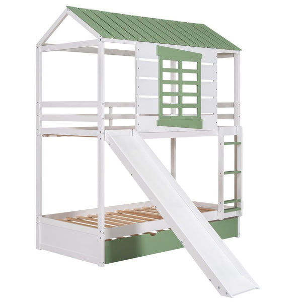 English Elm Twin House Bunk Bed With Convertible Slide & Trundle - White & Green, Perfect For Kids’ Rooms! GX000538AAK-GIGA