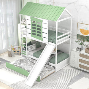 English Elm Twin House Bunk Bed With Convertible Slide & Trundle - White & Green, Perfect For Kids’ Rooms! GX000538AAK-GIGA