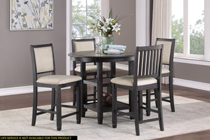 English Elm 5pc Counter Height Dining Set with Round Acacia Table, Built-In Shelf & 4 Beige Fabric Chairs B011S00216