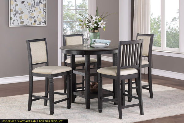 English Elm 5pc Counter Height Dining Set with Round Acacia Table, Built-In Shelf & 4 Beige Fabric Chairs B011S00216