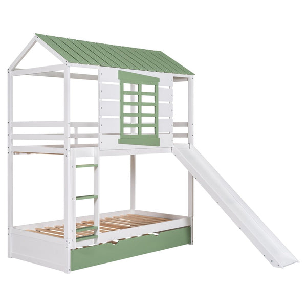 English Elm Twin House Bunk Bed With Convertible Slide & Trundle – Space-Saving Adventure In White & Green! GX000538AAK-1-GIGA