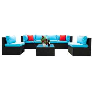 English Elm 5 PE Rattan Sectional Outdoor Sofa Set with 2 Loveseats 2 Armless Seats Table Cushions Pillows Black+Blue W329S00014