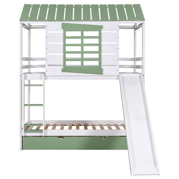 English Elm Twin House Bunk Bed With Convertible Slide & Trundle - White & Green, Perfect For Kids’ Rooms! GX000538AAK-GIGA